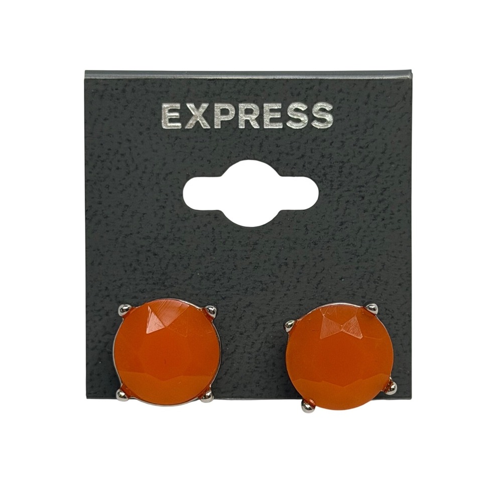 Express Orange Faceted Round Stud Earrings Silver Tone Backs NWT Y2K Retro - Picture 1 of 4